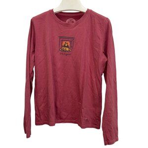 Life is Good Mauve Sleeping CAT by the fire in the fireplace long sleeved t-topS